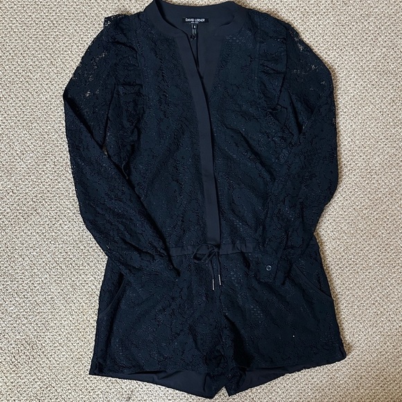 David Lerner Pants - David Lerner Black Lace Long Sleeve Romper Dressy Night Out One-Piece Size S NWT